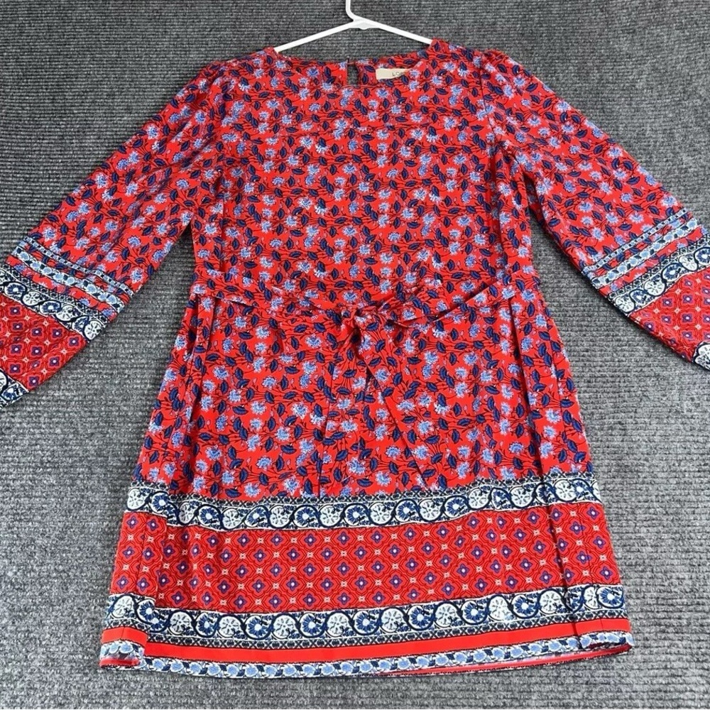 LOFT Red Floral Long Sleeve Dress with Blue Accents